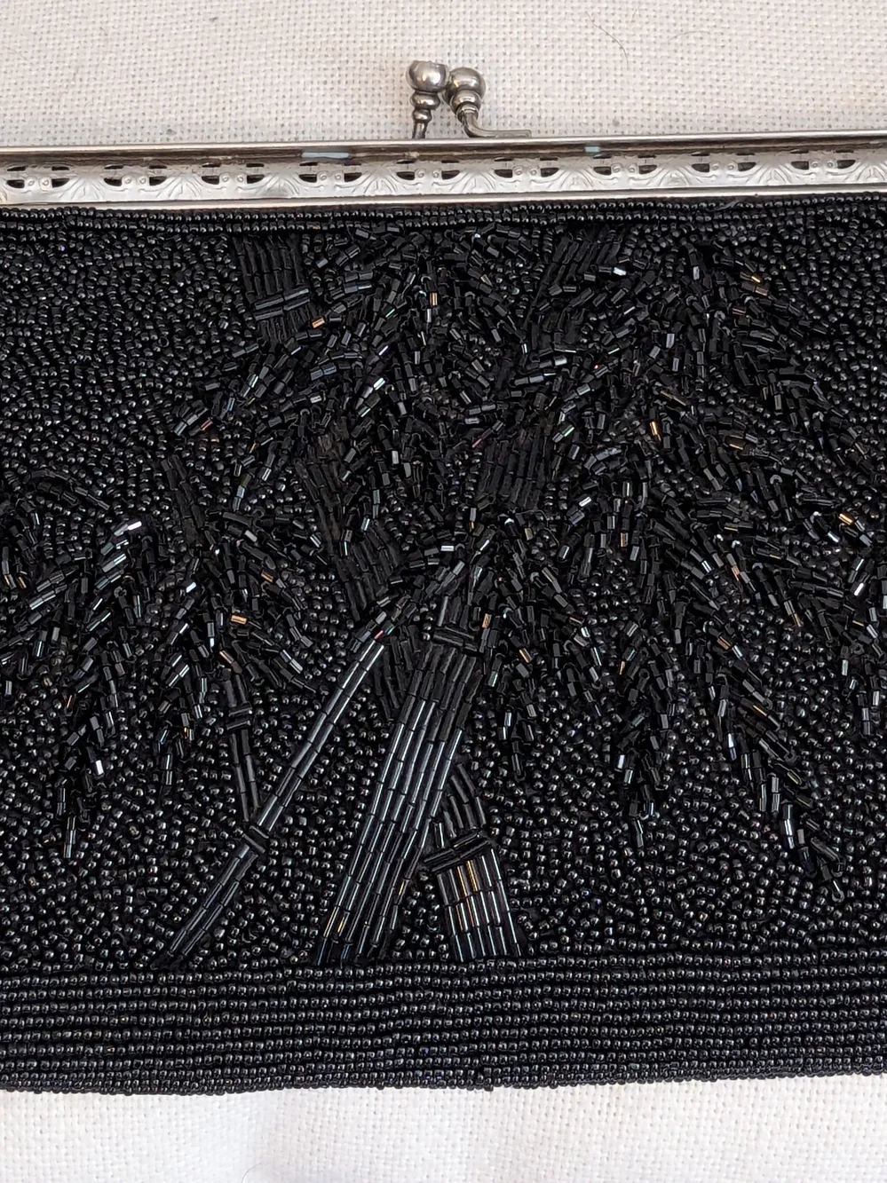 Vintage 50s Hand Beaded Black Evening Bag Clutch Silver Frame Purse Mid Century